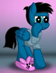 Size: 5036x6600 | Tagged: safe, artist:agkandphotomaker2000, derpibooru import, oc, oc:pony video maker, pegasus, pony, bunny slippers, clothes, eye bag, looking at you, messy mane, messy tail, shirt, simple background, slippers, t-shirt, woke up like this