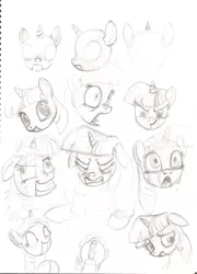 Size: 739x1024 | Tagged: artist needed, safe, derpibooru import, twilight sparkle, pony, unicorn, journey of the spark, angles, clenched teeth, concept art, crying, derp, determined, eyes closed, facial expressions, female, grin, head shot, inanimate tf, looking down, mare, marionette, messy mane, monochrome, open mouth, pencil drawing, poses, puppet, sad, shocked, shrunken pupils, simple background, sitting, sketch, sketchbook, smiling, tongue out, traditional art, transformation, twilight snapple, unicorn twilight, white background, wide eyes, wood
