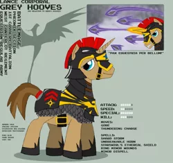 Size: 800x752 | Tagged: safe, artist:lonesentry, derpibooru import, oc, oc:grey hooves, unofficial characters only, pony, unicorn, armor, equestrian army, helmet, lance corporal, magic, male, reference sheet, solo, stallion, telekinesis