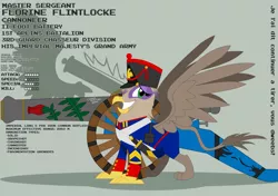Size: 2559x1800 | Tagged: artist:lonesentry, cannon, derpibooru import, female, france, hat, military uniform, oc, oc:florine flintlocke, reference sheet, safe, sergeant, shako, smiling, solo, unofficial characters only