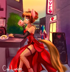 Size: 1497x1527 | Tagged: suggestive, artist:cali luminos, derpibooru import, oc, oc:lenna, unofficial characters only, anthro, earth pony, pony, anthro oc, bread, breasts, clothes, coffee, coffee cup, croissant, cup, cute, dress, elegant, female, fishnets, flower, flower in hair, food, mare, red dress, sexy, side slit, socks, solo focus, stockings, thigh highs