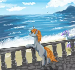 Size: 1600x1487 | Tagged: safe, artist:lavenderwind, derpibooru import, oc, oc:darkmind, oc:lavenderwind, unofficial characters only, pegasus, pony, unicorn, beach, blind, female, horn, lineless, male, mare, mountain, ocean, stallion, sunglasses, wings