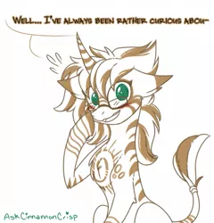 Size: 665x694 | Tagged: safe, alternate version, artist:esmeia, derpibooru import, oc, oc:mkali, unofficial characters only, zebra, zebracorn, ask, blushing, cute, female, glasses, grin, image, leonine tail, lineart, mare, png, rule 63, smiling, solo, talking, unamused