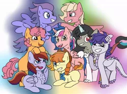 Size: 1024x762 | Tagged: safe, artist:scoot11, derpibooru import, oc, unofficial characters only, alicorn, dracony, dragon, earth pony, hybrid, pegasus, pony, unicorn, blank flank, female, flying, group photo, high five, hoofbump, interspecies offspring, looking at the camera, lying down, mane six opening poses, mare, next generation, offspring, one eye closed, parent:big macintosh, parent:cheese sandwich, parent:discord, parent:flash sentry, parent:fluttershy, parent:pinkie pie, parent:princess celestia, parent:rainbow dash, parent:rarity, parent:soarin', parent:spike, parent:twilight sparkle, parents:cheesepie, parents:dislestia, parents:flashlight, parents:fluttermac, parents:soarindash, parents:sparity, smiling, tongue out, wink