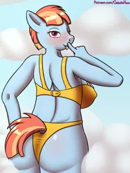 Size: 2210x2933 | Tagged: suggestive, alternate version, artist:galacticham, derpibooru import, windy whistles, anthro, ;p, ass, blushing, bra, breasts, butt, clothes, cloud, dock, erect nipples, female, freckles, lingerie, looking at you, looking back, looking back at you, milf, one eye closed, panties, sideboob, solo, solo female, tongue out, underwear, wingless, wink, winking at you