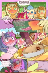 Size: 960x1440 | Tagged: suggestive, artist:cold-blooded-twilight, derpibooru import, apple bloom, apple bumpkin, apple fritter, applejack, caramel apple, red delicious, red gala, spike, twilight sparkle, earth pony, pony, unicorn, cold blooded twilight, comic:cold storm, apple, apple family member, apple pie, blushing, blushing profusely, caramel apple (food), comic, cupcake, dialogue, female, filly, food, foodplay, freckles, long tongue, open mouth, pie, smiling, sparkles, staring at you, suggestive eating, sweat, tongue out, unicorn twilight