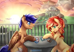 Size: 1753x1240 | Tagged: safe, artist:tokokami, derpibooru import, sunset shimmer, oc, oc:fable flight, pegasus, pony, unicorn, card, commission, female, male, mare, not flash sentry, playing card, stallion, sunset, yu-gi-oh!