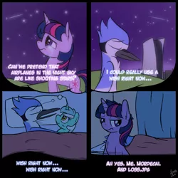 Size: 2000x2000 | Tagged: safe, artist:squeaky-belle, derpibooru import, lyra heartstrings, twilight sparkle, bird, pony, unicorn, aeroplanes and meteor showers, ah yes me my girlfriend and her x, airplanes (song), bed, comic, crossing the memes, crossover, crossover shipping, crying, dream, female, high res, loss (meme), lyra plushie, male, meme, mordecai, mordetwi, playstation 5, plushie, redraw mordetwi meme, regular show, sad, shipping, straight, unamused