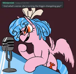 Size: 420x409 | Tagged: safe, artist:cammy, derpibooru import, cozy glow, >:), >:d, alex jones, microphone, talking