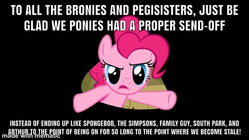 Size: 1200x673 | Tagged: arthur, caption, derpibooru import, edit, edited screencap, family guy, fourth wall, image macro, over a barrel, pinkie pie, safe, screencap, series finale blues, solo, south park, spongebob squarepants, text, the simpsons