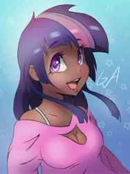 Size: 3000x4000 | Tagged: abstract background, artist:artsgalinn, artist:galinn-arts, bare shoulders, boob window, bra, bra strap, breasts, bust, busty twilight sparkle, cleavage, clothes, cute, dark skin, derpibooru import, eyelashes, female, happy, human, humanized, looking at you, off shoulder, open mouth, safe, smiling, solo, twiabetes, twilight sparkle, underwear