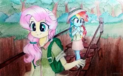 Size: 1131x706 | Tagged: safe, artist:liaaqila, derpibooru import, fluttershy, rainbow dash, human, equestria girls, adventurer, alternate hairstyle, backpack, bridge, canyon, clothes, cute, determined, duo, female, forest, grass, hat, hypnosis, hypnotized, nervous, outdoors, pith helmet, ponytail, rope bridge, skirt, smiling, traditional art, tree