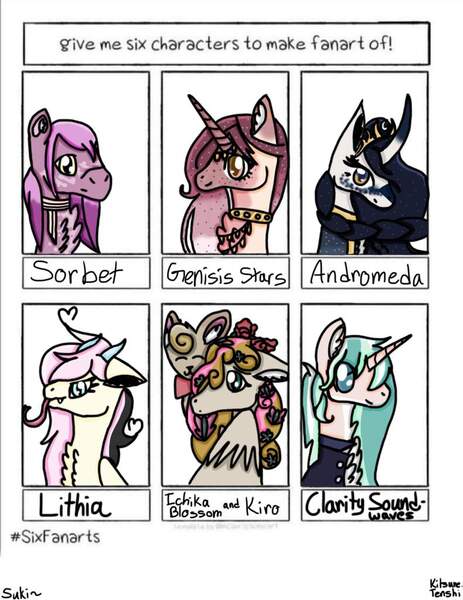 Size: 791x1024 | Tagged: safe, artist:ophelia-teamivory, derpibooru import, oc, oc:andromeda, oc:sorbet, unofficial characters only, draconequus, unicorn, six fanarts, bust, chest fluff, clothes, curved horn, draconequus oc, ear fluff, horn, jewelry, necklace, scarf, smiling, tongue out, unicorn oc