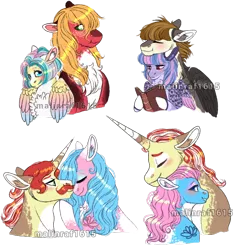 Size: 682x726 | Tagged: safe, artist:malinraf1615, derpibooru import, aloe, big macintosh, featherweight, flam, flim, fluttershy, lotus blossom, wind sprint, earth pony, pegasus, pony, unicorn, aloeflam, alternate design, alternate hairstyle, blushing, book, boop, chest fluff, colored horn, colored wings, eyes closed, eyeshadow, feathersprint, female, flim flam brothers, floppy ears, fluttermac, freckles, horn, lotusflim, makeup, male, missing accessory, multicolored wings, neck nuzzle, noseboop, nuzzling, older, older featherweight, older wind sprint, shipping, short mane, simple background, spa twins, straight, tattoo, transparent background, watermark, wings