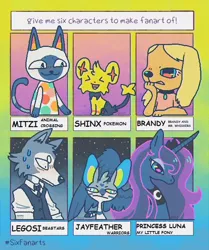 Size: 576x688 | Tagged: safe, artist:ph-ed, derpibooru import, princess luna, alicorn, anthro, cat, dog, pony, shinx, wolf, six fanarts, :d, animal crossing, anthro with ponies, brandy and mr whiskers, bust, clothes, collar, crossover, female, jayfeather, legosi (beastars), male, mare, necktie, open mouth, pokémon, smiling, warrior cats