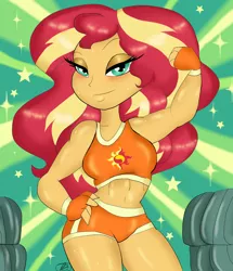 Size: 956x1112 | Tagged: safe, artist:purfectprincessgirl, derpibooru import, sunset shimmer, equestria girls, bad anatomy, blushing, bra, clothes, commission, cutie mark, cutie mark on clothes, female, fingerless gloves, flexing, gloves, lidded eyes, looking at you, muscles, shorts, solo, sports bra, sports panties, sports shorts, sunset lifter, sweat, underwear, workout outfit