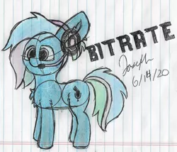 Size: 2333x2000 | Tagged: safe, artist:mlplayer dudez, derpibooru import, oc, oc:bit rate, unofficial characters only, earth pony, pony, chest fluff, colored, cute, ear fluff, happy, headphones, headset, leg fluff, mascot, ponyfest, ponyfest online, signature, sketch, smiling, solo, traditional art