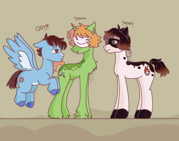 Size: 1965x1547 | Tagged: safe, artist:sleep_someone, derpibooru import, ponified, earth pony, pegasus, pony, unicorn, bandana, dream (youtuber), dream team, flying, georgenotfound, headband, male, mask, mcyt, minecraft, sapnap, trio, youtuber