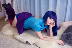 Size: 1280x853 | Tagged: suggestive, artist:alexia_muller, artist:magnumcosplay, derpibooru import, twilight sparkle, human, equestria girls, blue panties, clothes, cosplay, costume, irl, irl human, panties, photo, skirt, skirt lift, underwear, upskirt