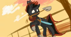 Size: 2560x1338 | Tagged: safe, artist:mid_daze, derpibooru import, oc, ponified, unofficial characters only, earth pony, pony, pony town, badboyhalo, male, mcyt, minecraft, shovel, solo, sword, weapon, youtuber