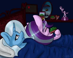 Size: 1398x1118 | Tagged: safe, artist:llametsul, derpibooru import, phyllis, starlight glimmer, trixie, pony, unicorn, ah yes me my girlfriend and her x, bed, blanket, ear fluff, female, hug, lesbian, long glimmer, long pony, lying down, mare, meme, phylliglimmer, picture frame, pillow, plant, shelf, shipping, sleeping, startrix, trophy