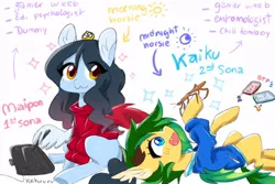 Size: 680x453 | Tagged: safe, artist:kaikururu, derpibooru import, oc, oc:kaikururu, oc:maipon, unofficial characters only, bat pony, mantis, pegasus, pony, bat pony oc, bat wings, clothes, digital art, duo, female, mare, reference sheet, sweater, text, wings