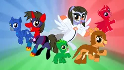 Size: 2047x1152 | Tagged: safe, artist:shadymeadow, derpibooru import, oc, oc:dancing fan, oc:fried egg, pony, unicorn, colt, female, filly, male, mare, pj masks, stallion, superhero costume