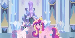 Size: 1600x810 | Tagged: safe, artist:tniyah15, derpibooru import, princess cadance, princess flurry heart, pony, chest fluff, duo, duo female, female, floppy ears, mother and child, mother and daughter, older, older flurry heart, throne room