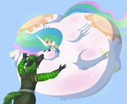 Size: 1280x1047 | Tagged: suggestive, artist:necrofeline, derpibooru import, princess celestia, oc, oc:hextor, alicorn, anthro, pony, air inflation, belly, big belly, bingo wings, blimp, blushing, butt, canon x oc, crown, domination, embarrassed, floating, furry, grope, hoof shoes, huge belly, huge butt, impossibly large belly, impossibly large butt, inflated wings, inflation, jewelry, kissing, large butt, nervous, non-mlp oc, puffkiss, puffy cheeks, regalia, story included, underhoof, wings