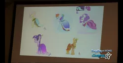 Size: 1366x706 | Tagged: safe, artist:ellybethe, derpibooru import, applejack, fluttershy, rainbow dash, rarity, twilight sparkle, earth pony, pegasus, pony, unicorn, bronycon, journey of the spark, 2012, alternate hairstyle, clothes, concept art, convention, dress, everfree network, eyes closed, female, looking at you, mare, photo, raised hoof, signature, unicorn twilight