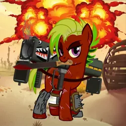 Size: 1024x1024 | Tagged: semi-grimdark, artist:firehearttheinferno, deleted from derpibooru, derpibooru import, oc, oc:bloodymarymckillacutty, earth pony, pony, fallout equestria, my little pony: the movie, 2d, 3d, 3d model, armor, backstory in description, badass, blade, blood, bone dry desert, bracelet, concept art, concept for a fanfic, cracked hooves, decal, description is relevant, desert, explosion, fallout, fallout 4, fallout equestria: equestria the beautiful, fire, imminent death, j-7 warbird, kludgetown, leather straps, machete, mad max, massacre, murder, neon mane, purple eyes, raider, raider armor, red coat, rocket launcher, scar, scarred, scuff mark, shark decal, showing off, sidehawk, smoke, solo, spiked wristband, steam, weapon, weathered, wristband