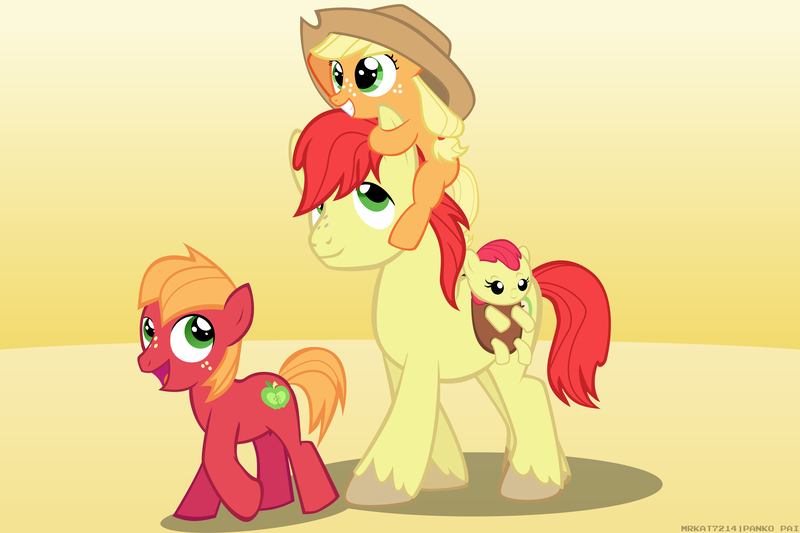 Size: 4500x3000 | Tagged: safe, artist:mrkat7214, derpibooru import, part of a set, apple bloom, applejack, big macintosh, bright mac, earth pony, pony, adorabloom, apple siblings, apple sisters, baby, baby apple bloom, brother and sister, colt big macintosh, cowboy hat, cute, father and child, father and daughter, father and son, father's day, female, filly, filly applejack, hat, high res, jackabetes, macabetes, male, quartet, siblings, sisters, sitting on head, younger