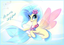 Size: 1404x985 | Tagged: artist:bloody-pink, blue eyes, cute, derpibooru import, eyelashes, female, fins, fin wings, fish tail, flower, flower in hair, freckles, jewelry, logo, looking at you, my little pony: the movie, necklace, open mouth, pearl necklace, princess skystar, safe, seapony (g4), skyabetes, smiling, solo, wings