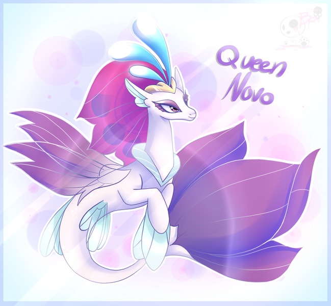 Size: 1169x1080 | Tagged: artist:bloody-pink, colored pupils, crown, cute, derpibooru import, female, fins, fin wings, fish tail, jewelry, lidded eyes, logo, my little pony: the movie, novobetes, purple eyes, queen, queen novo, regalia, safe, seapony (g4), smiling, solo, wings