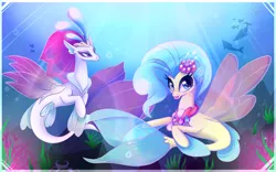Size: 1920x1200 | Tagged: artist:bloody-pink, blue eyes, bubble, colored pupils, coral, crepuscular rays, crown, cute, derpibooru import, dolphin, female, fins, fin wings, flower, flower in hair, flowing mane, freckles, jewelry, mother and child, mother and daughter, my little pony: the movie, necklace, novobetes, open mouth, pearl necklace, princess skystar, queen, queen novo, regalia, safe, seapony (g4), skyabetes, smiling, sunlight, underwater, water, wings