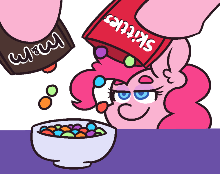 Size: 884x700 | Tagged: safe, artist:threetwotwo32232, derpibooru import, pinkie pie, earth pony, pony, candy, cartoon physics, chocolate, female, food, m&m's, mare, newbie artist training grounds, pure unfiltered evil, simple background, skittles, solo, transparent background