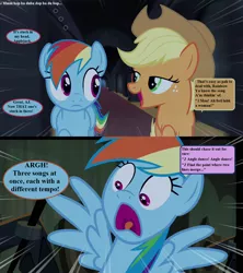 Size: 1280x1440 | Tagged: angle dance, applejack, applejack's hat, castle mane-ia, castle of the royal pony sisters, cowboy hat, derpibooru import, dialogue, ear worm, edit, edited screencap, hall of hooves, hanson, hat, implied twilight sparkle, larry cedar, lyrics, man i feel like a woman, mmmbop, rainbow dash, safe, screencap, shania twain, song reference, speech bubble, square one tv, text