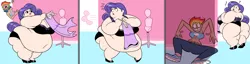 Size: 6000x1528 | Tagged: artist:superspoe, bbw, belly, big belly, bra, breasts, butt, clothes, comic, derpibooru import, fat, fat fetish, female, fetish, huge belly, human, humanized, lesbian, morbidly obese, obese, panties, peeping, question mark, rainbow dash, raridash, raritubby, rarity, rearity, shipping, ssbbw, suggestive, the ass was fat, underwear