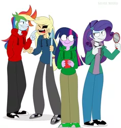 Size: 1852x1957 | Tagged: safe, artist:silviawoods, derpibooru import, applejack, rainbow dash, rarity, twilight sparkle, equestria girls, black sclera, crossover, drink, edd, eddsworld, harpoon, matt, mirror, patch, simple background, soda, tom (eddsworld), tord, white background