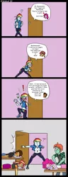 Size: 1234x3223 | Tagged: safe, artist:strebiskunk, colorist:scarletsabre, derpibooru import, pinkie pie, rainbow dash, sunset shimmer, oc, oc:copper plume, oc:ruby sword, equestria girls, bait and switch, bent over, blushing, canon x oc, colored, comic, commission, copperpie, door, eavesdropping, eyes closed, female, innuendo, lidded eyes, lineart, lip bite, male, massage, misunderstanding, moaning, open door, shipping, straight, sunsword