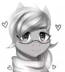 Size: 700x772 | Tagged: source needed, safe, artist:elonea, derpibooru import, oc, oc:chelley, unofficial characters only, pony, clothes, female, glasses, mare, scarf, signature, smiling, solo