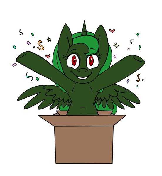 Size: 2300x2500 | Tagged: safe, artist:katyusha, derpibooru import, surprise, oc, oc:evening "eve" canter, alicorn, pony, alicorn oc, artificial alicorn, box, commission example, cute, female, green alicorn (fo:e), horn, pony in a box, simple background, solo, white background, wings