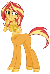 Size: 1024x1497 | Tagged: safe, artist:emeraldblast63, derpibooru import, sunset shimmer, centaur, equestria girls, bandeau, bare shoulders, bracelet, centaurified, cloven hooves, jewelry, simple background, sleeveless, solo, species swap, strapless, transparent background