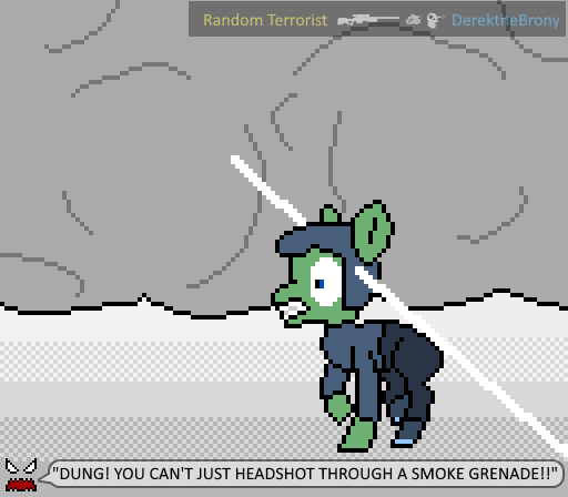 Size: 512x448 | Tagged: safe, artist:derek the metagamer, derpibooru import, oc, oc:derek the metagamer, earth pony, pony, aseprite, bust, counter strike, counter-strike: global offensive, dialogue, gun, male, pixel art, portrait, rifle, smoke, smokebomb, sniper, sniper rifle, video game, weapon