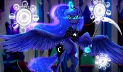 Size: 1800x1058 | Tagged: safe, artist:meqiopeach, derpibooru import, nightmare moon, princess luna, alicorn, pegasus, pony, unicorn, fall of the crystal empire, armor, bipedal, blushing, butt, clothes, crystal empire, cute, evil, fight, lunabetes, magic, moonbutt, nightmare luna, portal, raised hoof, shoes, simple background, solo, spread wings, weapon, wings