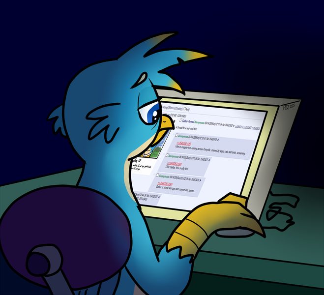 Size: 1317x1199 | Tagged: safe, artist:pony quarantine, derpibooru import, gallus, gryphon, 4chan, chair, computer, gallabuse, gallus is not amused, meta, /mlp/, sad, screenshots, solo, unamused, upset, vulgar