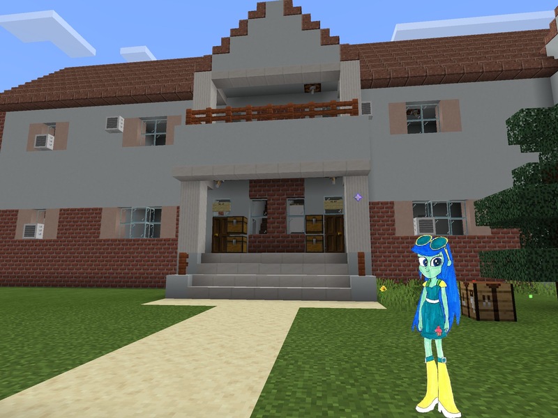 Size: 2048x1536 | Tagged: safe, artist:topsangtheman, derpibooru import, blueberry cake, equestria girls, house, looking at you, minecraft, photoshopped into minecraft, solo, traditional art