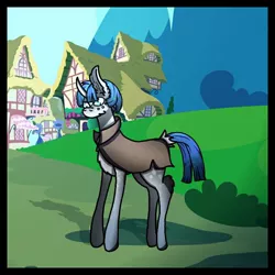 Size: 768x768 | Tagged: safe, alternate version, artist:shadow heart, derpibooru import, stygian, pony, unicorn, building, cloak, clothes, freckles, male, outdoors, solo, stallion