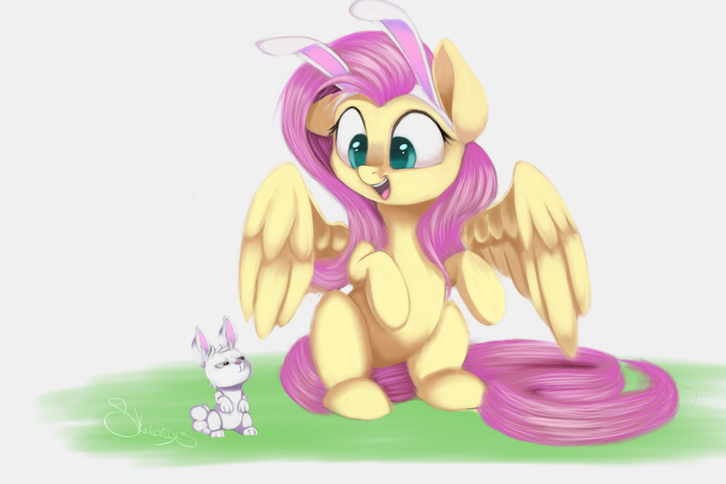 Size: 1500x1000 | Tagged: safe, artist:sketchiix3, derpibooru import, angel bunny, fluttershy, pegasus, pony, rabbit, angel is not amused, angelbetes, animal, bunny ears, cute, duo, female, imitation, looking at each other, looking at someone, mare, mimicking, open mouth, shyabetes, simple background, sitting, smiling, spread wings, white background, wings