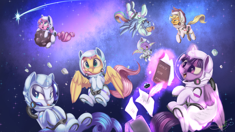 Size: 1920x1080 | Tagged: safe, artist:sketchiix3, derpibooru import, applejack, fluttershy, pinkie pie, rainbow dash, rarity, spike, twilight sparkle, twilight sparkle (alicorn), alicorn, dragon, earth pony, pegasus, pony, unicorn, asteroid, astronaut, book, eyes closed, facial hair, female, frog (hoof), galaxy, ink, inkwell, male, mane seven, mane six, mare, moustache, open mouth, paper, ponies in space, quill, shooting star, space, space helmet, spacesuit, stars, underhoof, winged spike, zero gravity